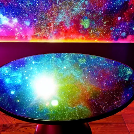 Prompt: a glass is on top of the table and the water is galaxy, unreal, Ray tracing reflection, natural lighting,