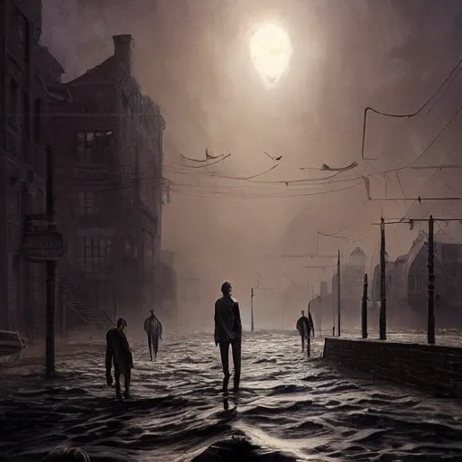 Image similar to shadow over innsmouth, people walking out of water, painted by seb mckinnon, high detail, dramatic light, digital art, painted by greg rutkowski, promotional movie posterart, trending on artstation