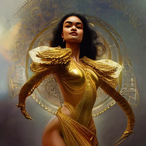 Prompt: Shanina Shaik as a gold statue, intricate, elegant, highly detailed, digital painting, artstation, concept art, smooth, sharp focus, illustration, art by artgerm and greg rutkowski and alphonse mucha