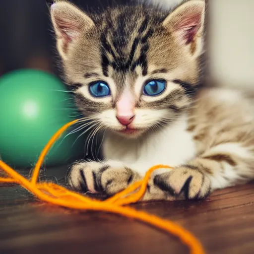 Prompt: professional photo of a kitten playing with a ball of yarn, 4k, highly detailed