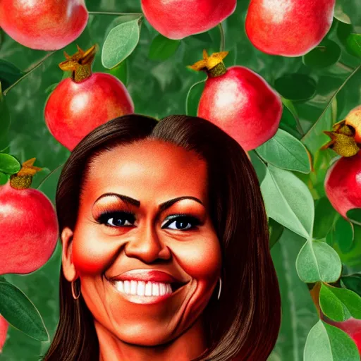 Image similar to photo of a pomegranate with michelle obama's face, standing tall, smiling softly, sharp detailed face, highly detailed, artstation, 8 k