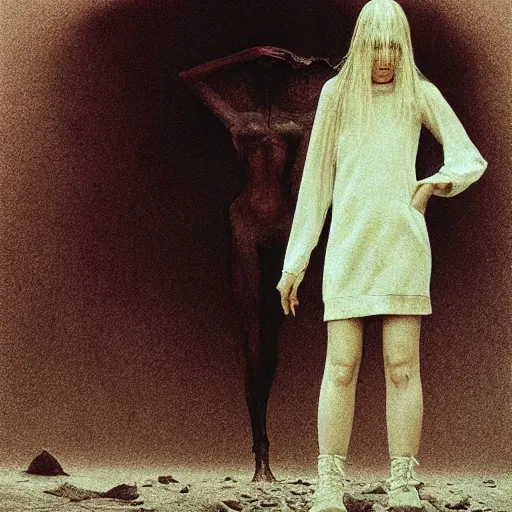 Image similar to elle fanning in prey in style of zdzisław beksinski, standing in wasteland, horror art, creepy, desolate,