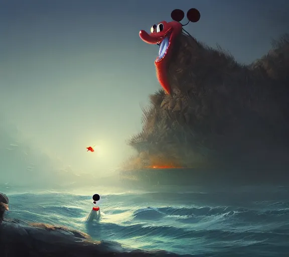 Image similar to Mickey Mouse sitting on a terrifying beach ,Scary sea monsters swim in the distance, dark, dim, nightmarish, digital painting, in the style of raphael lacoste, super detailed, artstation