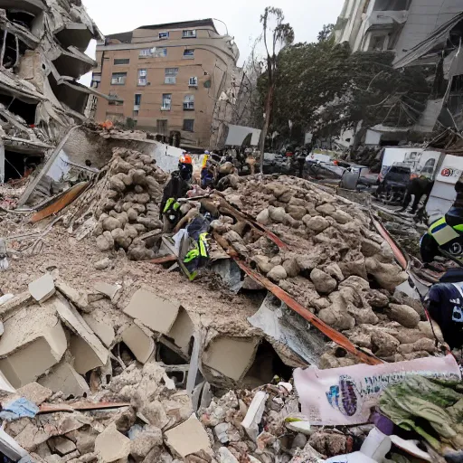 Prompt: seven avocados hovering over seven a rubble after a building collapsed, journalistic photograph.