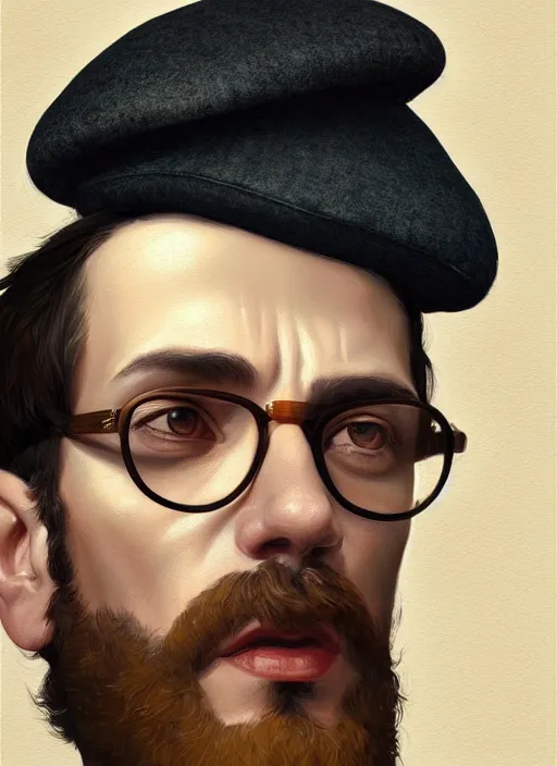 Prompt: portrait of a male italian artist wearing a beret and glasses, intricate, elegant, highly detailed, digital painting, artstation, concept art, smooth, sharp focus, illustration, art by wlop, mars ravelo and greg rutkowski