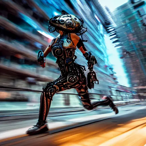 Image similar to gopro pov of a woman warrior wearing intricate biomechanical scifi cyberpunk helmet running motion blur