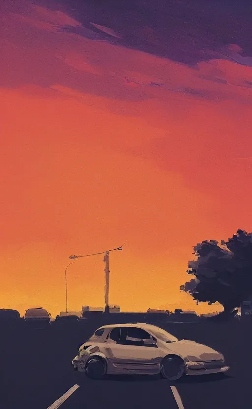Image similar to a beautiful illustration of a car parket near a highway at sunset, silhouette of a man smoking a cigarette, art of alena aenami, featured on artstation, vertical orientation, paint brush strokes, expressionism, brushstroke - laden