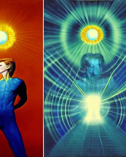 Image similar to david bowie as a ziggy stardust levitating and surrounded by transcendental light by jean auguste dominique ingres by agnes pelton, luminous orbs, labyrinthine, mystical