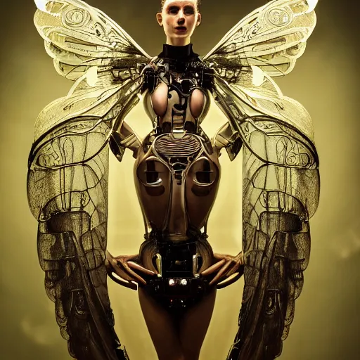 Image similar to a beautiful intricate fine art portrait photo of a a mechanical industrial steampunk cybernetic angel with neon wings against galactic space, soft backlight, by tom bagshaw and zach sutton, perfection!, milk bath photography, studio lighting, 3 5 mm lens, very detailed, bionic, cybernetic scifi, deep depth of field, artstation, 8 k, highly coherent