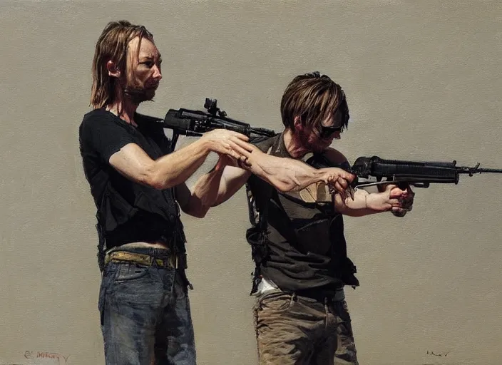 Image similar to a highly detailed beautiful portrait of thom yorke shooting an ak 4 7, by gregory manchess, james gurney, james jean