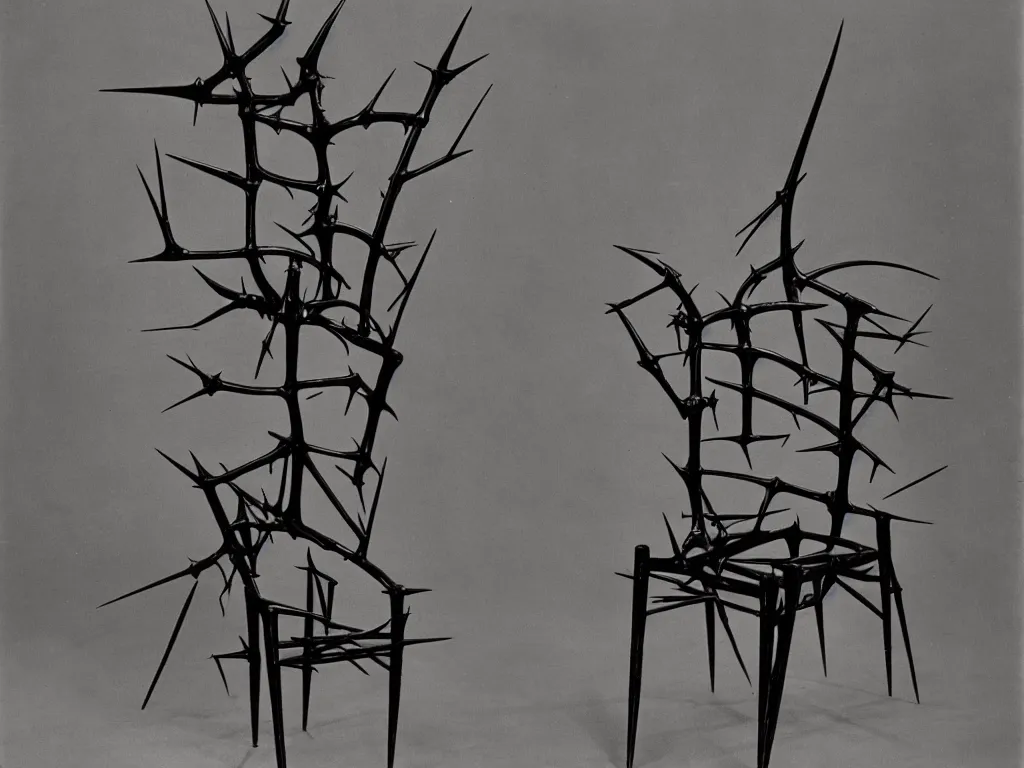 Image similar to humanoid gothic chair with thorns. karl blossfeldt, yves tanguy