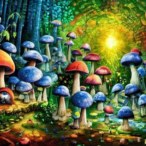 Image similar to mushroom village located deep in a forest, bioluminescent blue mushrooms, mushroom houses, art by james christensen, rob gonsalves, paul lehr, leonid afremov and tim white