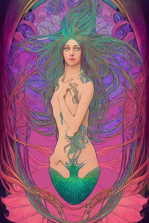 Image similar to a beautiful psychedelic mermaid, symmetrical features, cinematic lighting, soft bokeh, fantasy, modern, colourful, highly detailed, digital painting, artstation, deviantart, concept art, sharp focus, illustration, by alphonse mucha