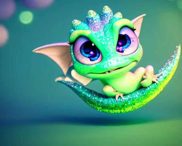 Image similar to a cute cute baby dragon, big eyes, soft scale texture, pastel colours, colorful, shiny glitter crystals, cute, adorable, pixar animation style, detailed, soft light, octane render, cute, 4 k,