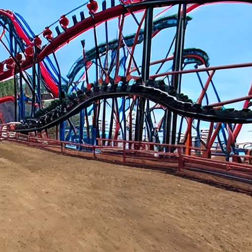 Image similar to front row go pro footage of a rollercoaster with an upcoming broken section of track
