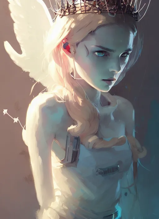 Prompt: portrait of cute angel maiden girl with crown of thorns and white short hairs, warhammer, cyberpunk, by atey ghailan, by greg rutkowski, by greg tocchini, by james gilleard, by joe gb fenton, by kaethe butcher, dynamic lighting, gradient light blue, brown, blonde cream and white color in scheme, grunge aesthetic