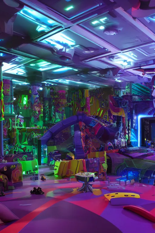 Image similar to Cybertron, the inside of a Discovery Zone soft play area for goth Decepticons, cinematography by Wes Anderson, 4k octane render, photorealistic , cinematic lighting, Artstation