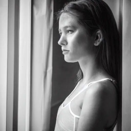 Image similar to black and white fashion photograph highly detailed portrait of a depressed beautiful 30 years old model woman standing by the window, natural light, rain, mist, lomo, fashion photography, film grain, soft vignette, sigma 85mm f/1.4 1/10 sec shutter