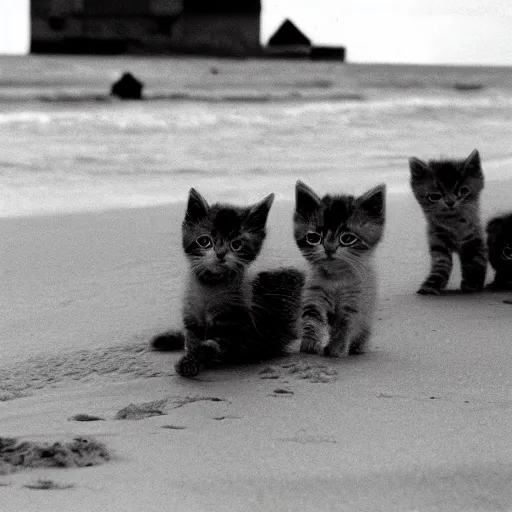 Prompt: kittens storming Normandy Beach, photo black and white