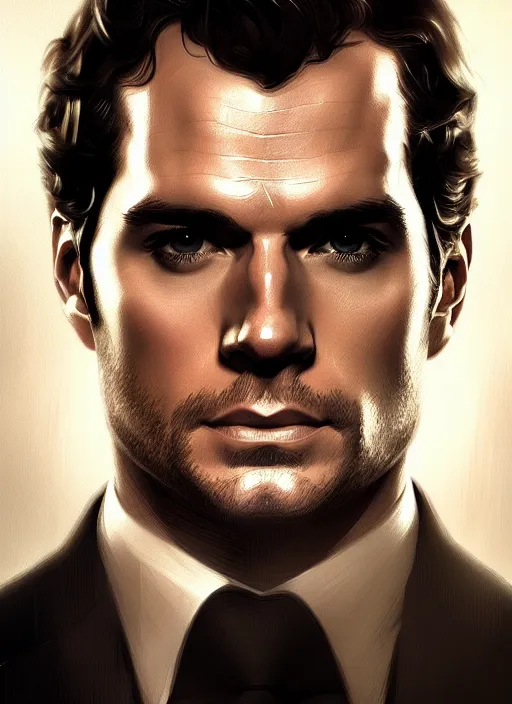 Image similar to portrait of henry cavill as james bond, highly detailed, digital painting, artstation, concept art, cinematic lighting, sharp focus, illustration, art by artgerm and greg rutkowski and alphonse mucha