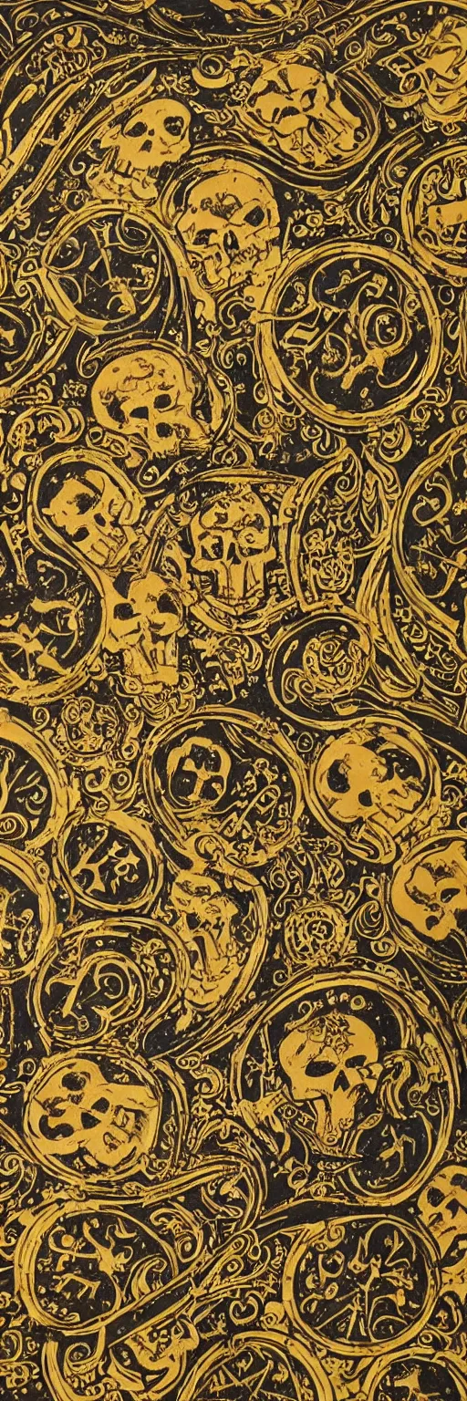 Image similar to magical medieval scroll containing myriad gold inlay symbols and sigils and one a single punisher skull emblem. detailed, high art, intricate, artisan
