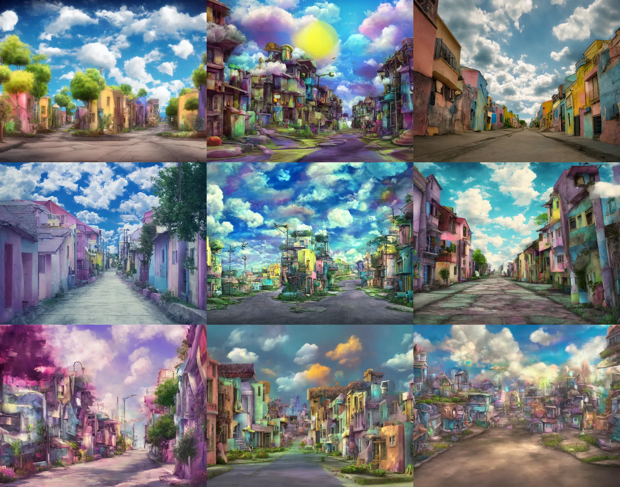 Prompt: dreamcore looking streets from a small neighborhood, houses made of clay, fluffy clouds, pastel color pallete