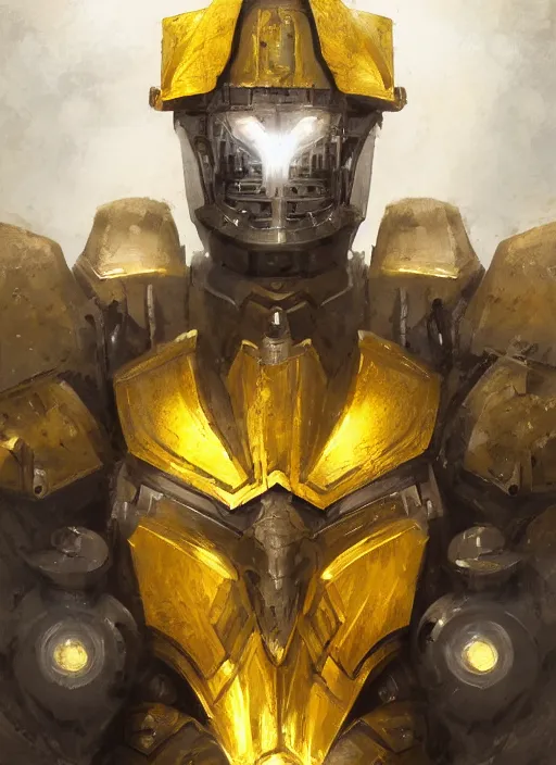 Image similar to dynamic attack position abstract portrait of a intricate glorious holy mechanical warforged character in yellow armor holding a paladin engraved great longsword drawn and carrying a big paladin shield, beam projector when eye is, face in focus, epic , trending on ArtStation, masterpiece, cinematic lighting, by Ross Tran and by Greg Rutkowski