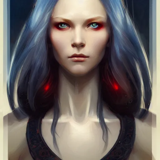 Image similar to A detailed matte oil on canvas head on symmetrical portrait of a beautiful elven woman with blue red eyes and red hair by greg rutkowski and Charlie bowater, trending on artstationhd, dungeons and dragons art