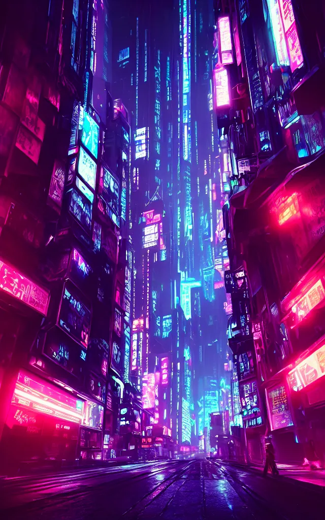 Image similar to concept art of a magnificent dark neon futuristic cyberpunk city bustling street at night cyberart in the style of liam wong in the film akira rendered in octane, 3 d render, trending on cgsociety, blender 3 d, displacement mapped