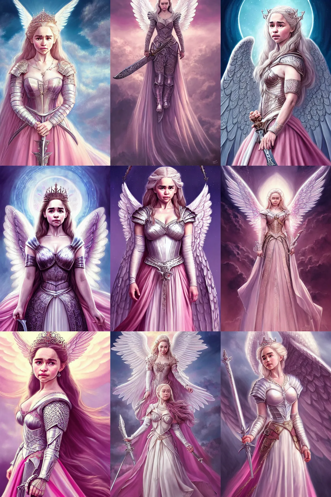 Prompt: gorgeous!! hyper - realistic woman resembling emilia clarke as a princess wearing ornate pink knight armor, angel wings, angemon l holding a long sword | divine, elegant, ethereal, heavenly, clouds, holy city | illustration, intricate, high detail, ultra graphics | drawn by wlop, drawn by jeehyung lee, drawn by artgerm