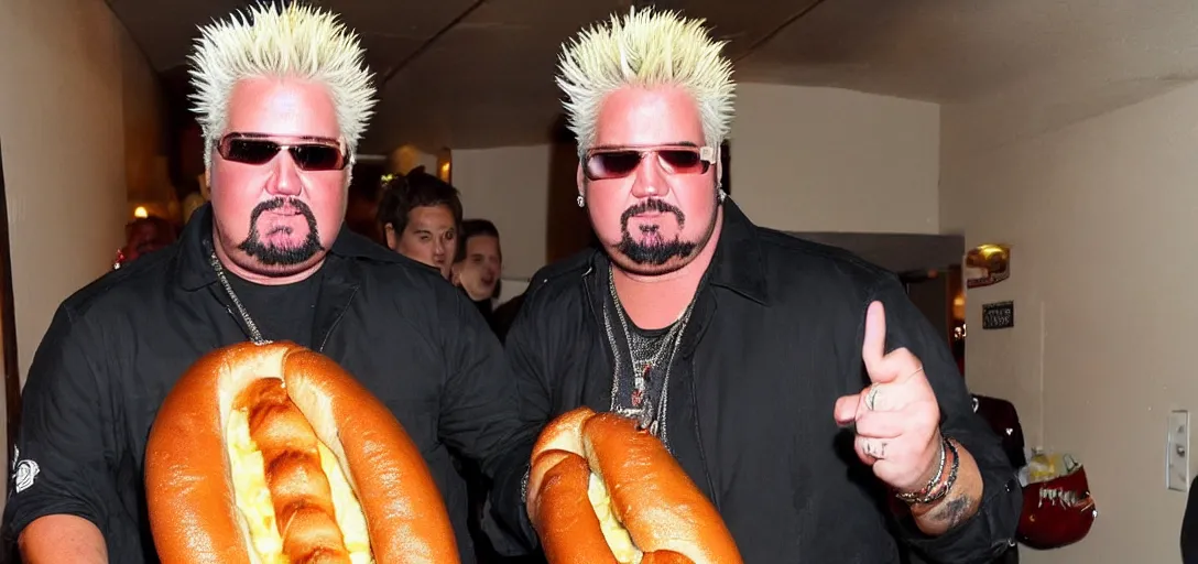 Prompt: guy fieri in a dim hallway, cradling the biggest hot dog in the world. the hot dog is extremely heavy.