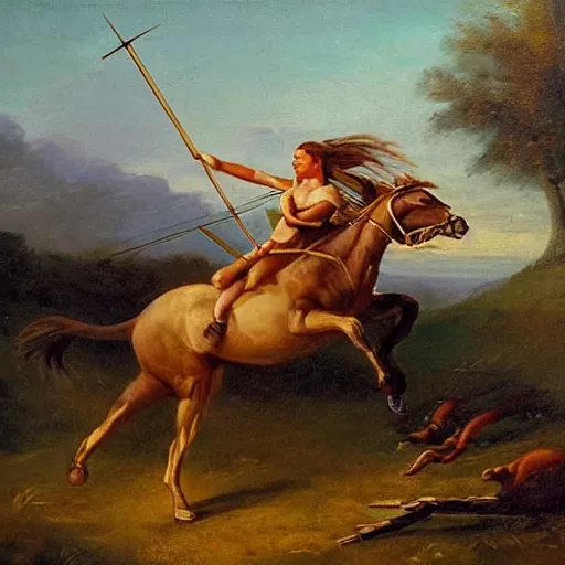 Prompt: A centaur prancing, and shooting an arrow by a bow in a battle at golden hour, epic, fantasy, oil painting