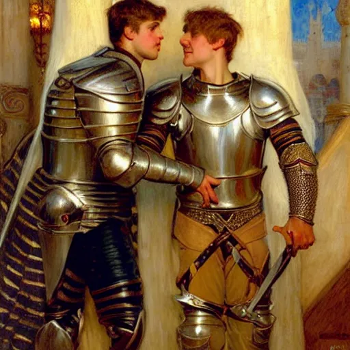 Prompt: attractive fully clothed arthur pendragon confesses his love for his attractive fully clothed male knight. highly detailed painting by gaston bussiere and j. c. leyendecker 8 k