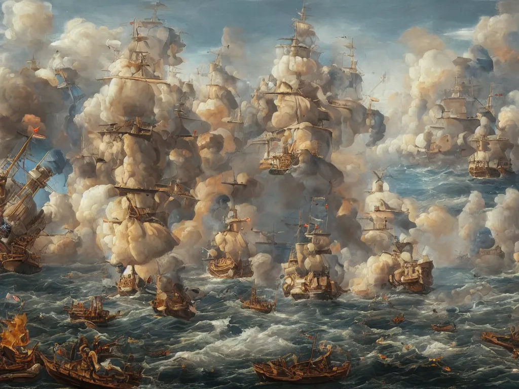 Image similar to An oil painting of a naval battle with cannons, highly detailed, intricate, 4k, masterpiece