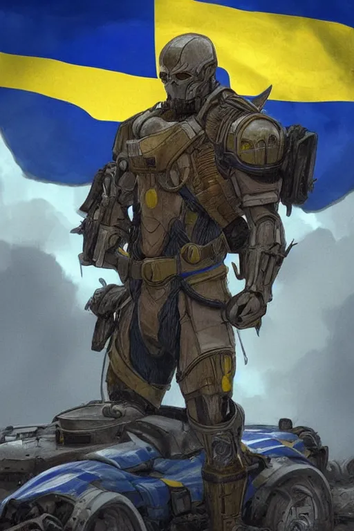 Image similar to a full body shot from distance of a super soldier with a Ukrainian blue and yellow stripes flag standing in the beam of light from the clouds on a pile of skulls and rotten cars as a winner, masculine figure, D&D, fantasy, intricate, elegant, highly detailed, digital painting, artstation, concept art, matte, sharp focus, symmetrical, illustration, hyperrealistic, art by Artgerm and Greg Rutkowski and Alphonse Mucha