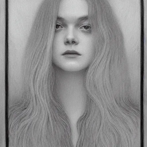 Prompt: professional painting of Elle Fanning in the style of Jean Delville, head and shoulders portrait, symmetrical facial features, smooth, sharp focus, illustration, intricate, stormy weather, extremely detailed masterpiece,