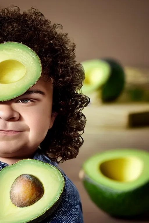 Prompt: 📷 gaten matarazzo face on avocado 🥑, made of food, head portrait, dynamic lighting, 4 k
