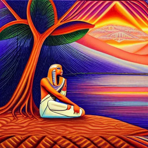 Image similar to painting of a peaceful Egyptian pharaoh relaxing under a tree by alex grey, acrylic art, calm, soothing, cosy, elegant, soft light,