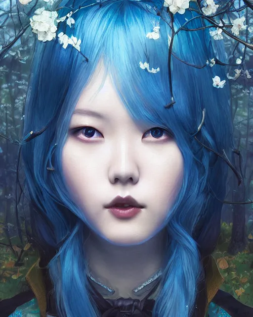 Image similar to symmetrical portrait of a pretty korean girl with blue hair dressed as alice in wonderland, beautiful sparkling blue eyes, dark forest background, moonlight, digital painting, 8 k, concept art, art by wlop, artgerm, greg rutkowski and alphonse mucha