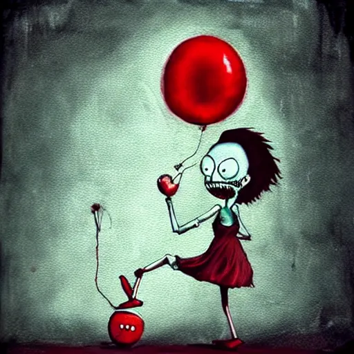 Prompt: grunge painting of a shoe with a wide smile and a red balloon by tim burton, loony toons style, pennywise style, corpse bride style, rick and morty style, creepy lighting, horror theme, detailed, elegant, intricate, conceptual