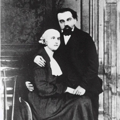 Image similar to Karl Marx and Ayn Rand kissing, wedding photo, 1920, Church backround