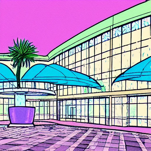 Image similar to illustration in pastel colors of the main atrium of a 1 9 9 0 s mall with abstract neons