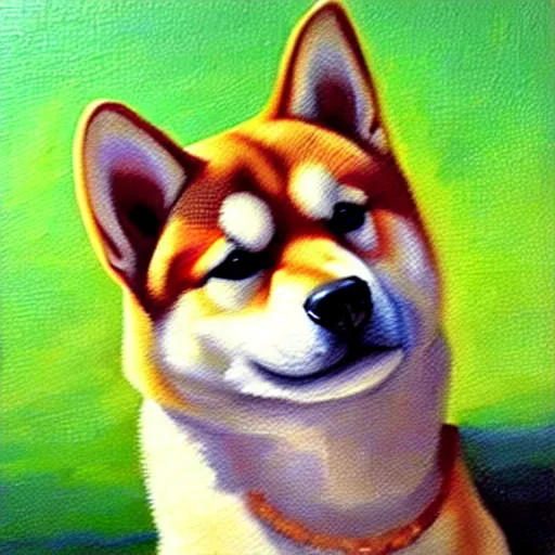 Image similar to epic professional oil painting of a shiba inu dog, epic, stunning, gorgeous, intricate detail, much wow, 4K, masterpiece