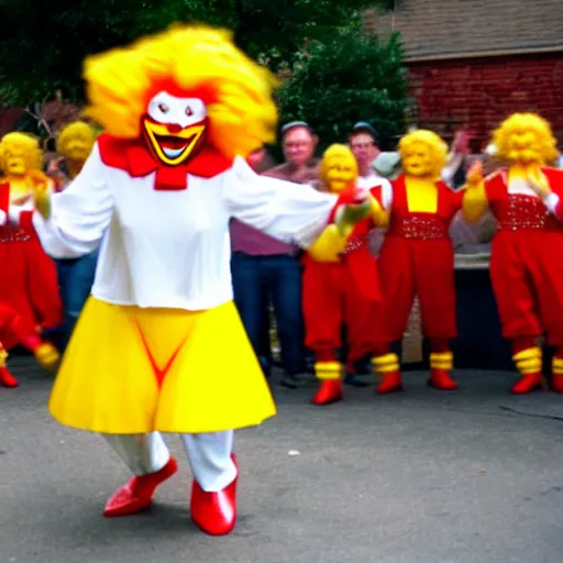 Image similar to ronald mcdonald dancing in a chicken battery.