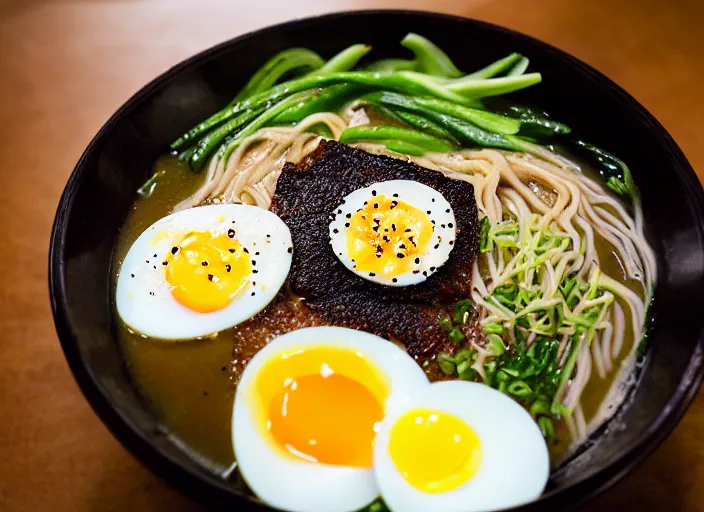 Image similar to dslr food photograph of tankatsu black ramen with a soft boiled egg, 8 5 mm f 1. 8