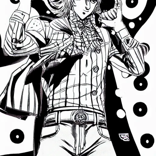 Prompt: Johnny Joestar from JoJo's Bizarre Adventure shooting the infinite spin at Funny Valentine, drawn by Murata, manga