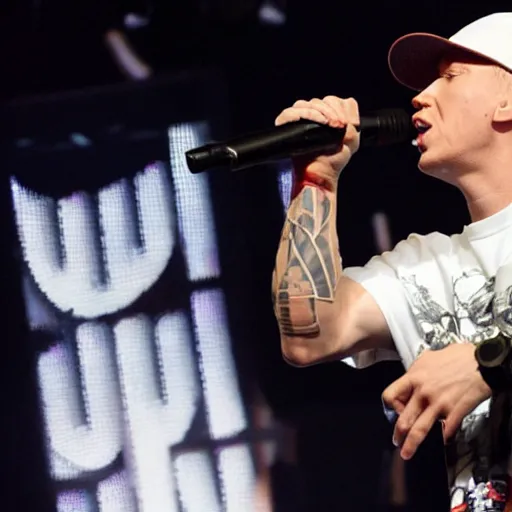 Prompt: eminem rapping against red m & ms