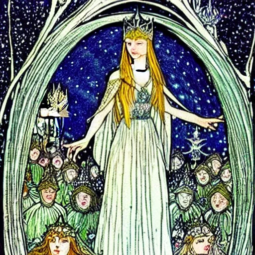 Image similar to Galadriel is crowned by fairies as their queen, the background is a fairy forrest, starry night, detailed, blue tones, silver, romantic, intricate fairy tale illustration from an old book by Walter Crane, Florence Harrison and Arthur Rackham