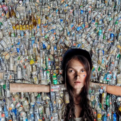 Prompt: a photo portrait of a dirty hobo creating a robogirl from the empty beer bottles and cardboard boxes. symmetry, awesome exposition, very detailed, highly accurate, professional lighting diffracted lightrays, 8 k, sense of awe