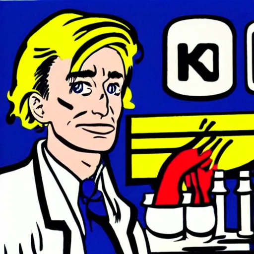 Image similar to a burning chemist in a white coat, roy lichtenstein